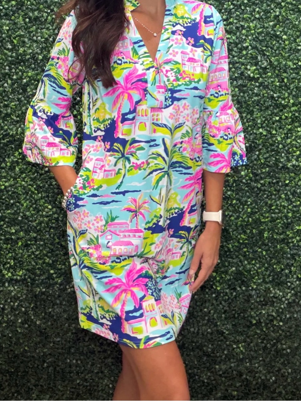 🆕 🩷💚NWT 2026  Aryeh Tropical Palm Print Shift Dress in Pink, Blue & Green XL